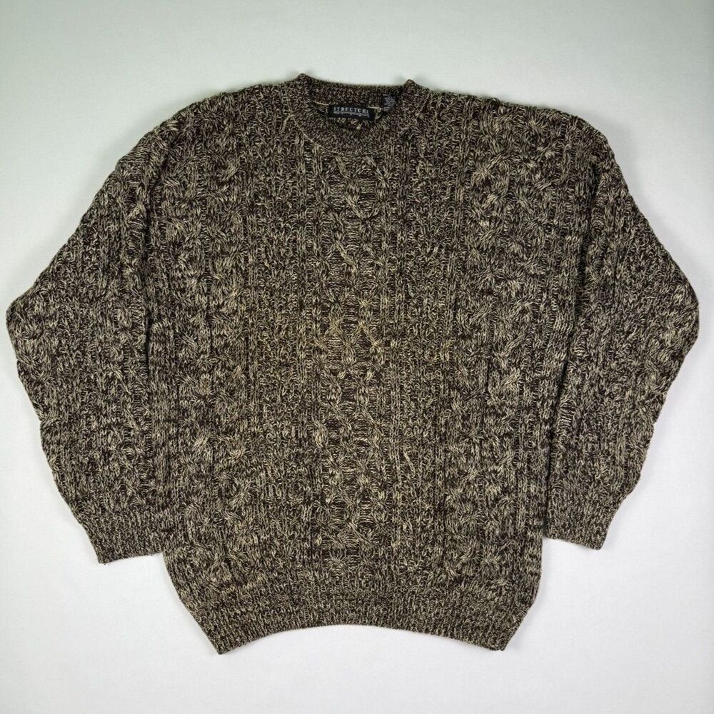 Vintage Structure Men’s Knit Sweater Brown Cream Crewneck Large